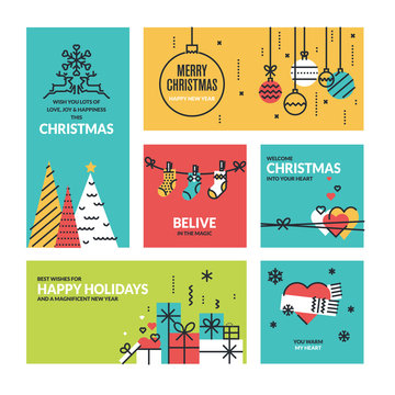 Christmas and New Year's collection. Flat line design vector illustrations for greeting cards, website banners and badges, gift tags and marketing material.