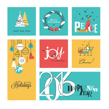 Christmas and New Year's collection. Flat line design vector illustrations for greeting cards, website banners and badges, gift tags and marketing material.