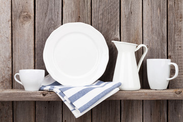 Kitchen utensils on shelf