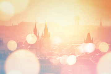 Prague cityscape on misty morning, Retro Toned