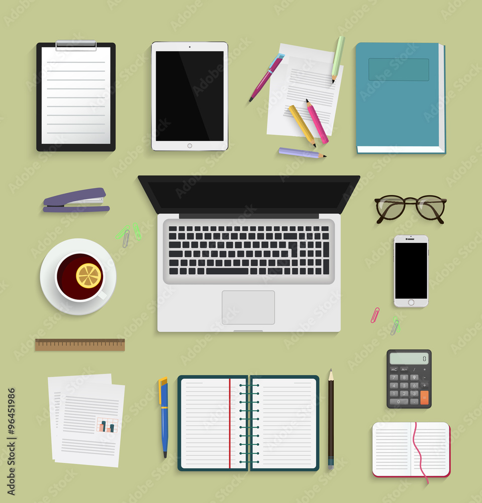Poster Flat modern design vector illustration concept of workplace with elements. Top view.