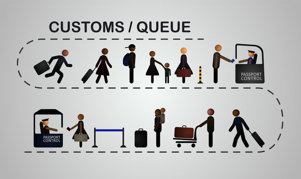 The queue of people at the passport control, 2 lines. EPS 10.