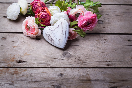 Decorative white wooden  heart and flowers
