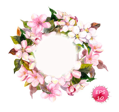 Frame wreath with cherry, apple, almond flowers, sakura. Watercolor vector