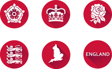 England Flat Icon Set.
Set of vector graphic flat icons representing symbols and landmarks of England.