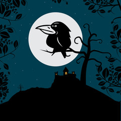 Crow on Tree Branch with Full Moon and Spooky Castle Night Vector Illustration