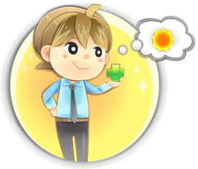 Cartoon office man holding positive thinking sign showing happy attitude, smart clear mind, anti-aging, creative idea in isolated background (vector)