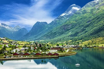 Deurstickers Mountain village Olden, Norway © Travel Faery