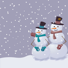 Cute Christmas greeting card with snowman and snowfall