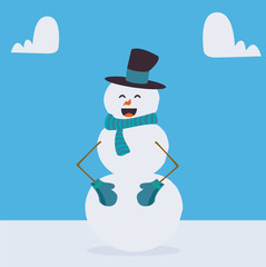 Cute Christmas greeting card with snowman and snowfall