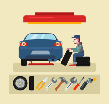 Auto mechanic service. Vector flat illustration