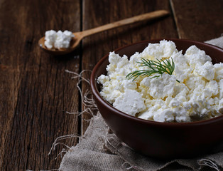 Cottage cheese in brown bowl