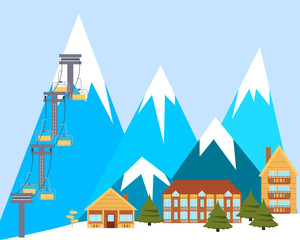Ski resort. Mountain landscape with wooden houses. Vector illustration