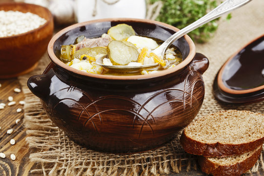 Soup with pickles and barley