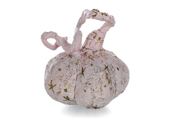 Exclusive handmade toy in the form of pink pumpkin, isolated on