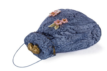 Exclusive handmade toy in the form of blue handbag, isolated on