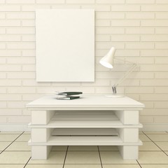 Empty picture frames in classic interior background on the decorative painted wall with wooden floor. Privat library with table and lamp. Copy space image. 3d render