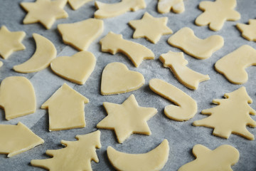 Baking christmas cookies at home, close up