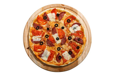 Pizza on light wooden background top view