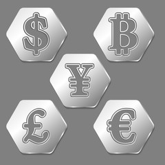Set of five hexadons with symbols of currencies