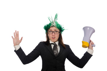 Funny businesswoman in business concept on white
