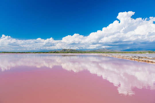 Salt production from Pink water lake in Dominican Republic