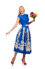 Woman with tulip flowers on white