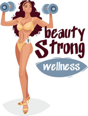 athletic girl with dumbbells in his hands wearing a swimsuit posing