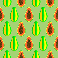 Seamless vector pattern, bright fruits symmetrical background with close-up papaya, whole and half over green backdrop.