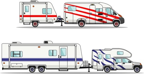 Set of car and travel trailers on a white background in flat style. Vector illustration