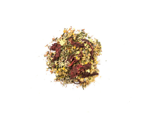 Dried herbal tea leaves, lavender, rooibos, chamomile, linden flower, hibiscus, Japanese green tea over white background
