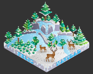Vector illustration of decorated forest on Christmas Eve shown in isometric view with spanish translated marry christmas as feliz navidad.