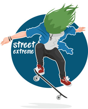 street extreme haired skater performs a trick