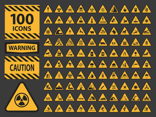 Vector icn set triangle yellow warning caution hazard signs. - obrazy, fototapety, plakaty