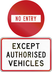 Road sign assembly in New Zealand - No entry except 