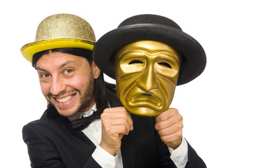 Man with theater mask isolated on white