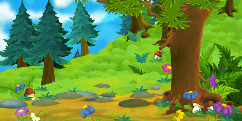 Naklejka premium Cartoon background of a forest with a patch - illustration for children