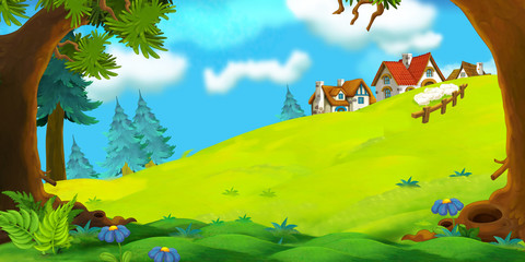 Obraz premium Cartoon happy and funny nature scene in tha mountais - houses on the hill - illustration for children
