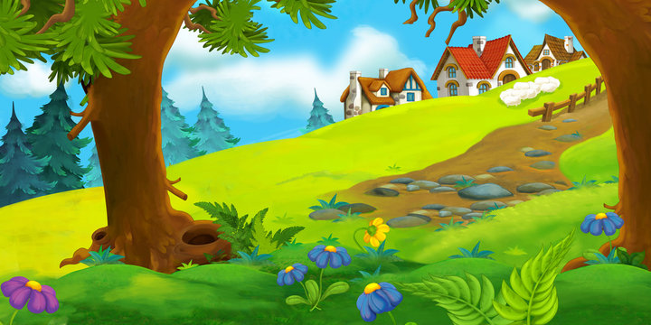 Cartoon background of old village - illustration for the children