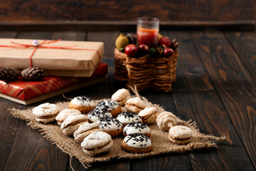 Chocolate cookies on the rustic wooden table.