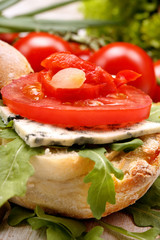 Fototapeta na wymiar Vegetarian sandwich with blue cheese marinated peppers and onion