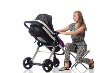 Happy mom with her baby in pram