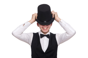 Young man in black classic vest isolated on white
