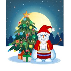 Snowman Playing Drums Wearing A Santa Claus Costume With Christmas Tree And Full Moon At Night Background For Your Design Vector Illustration
