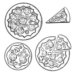 Italian pizza sketches with different topping