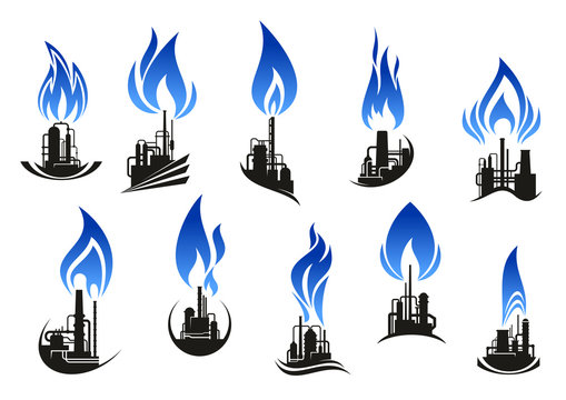 Industrial chemical plants with blue flames
