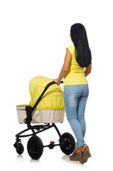 Woman with baby and pram isolated on white