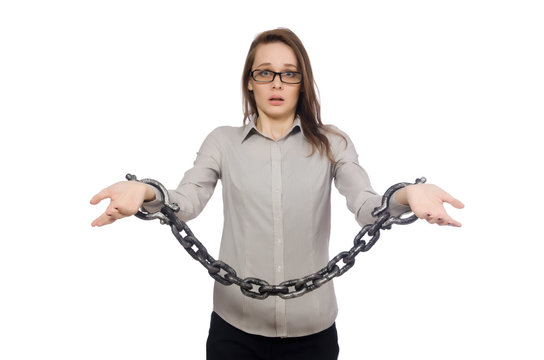 Young businesswoman in funny concept on white