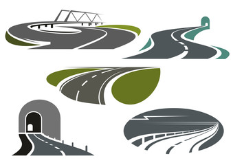 Highway, roads, tunnels and bridge icons