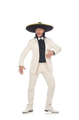 Funny mexican in suit and sombrero isolated on white